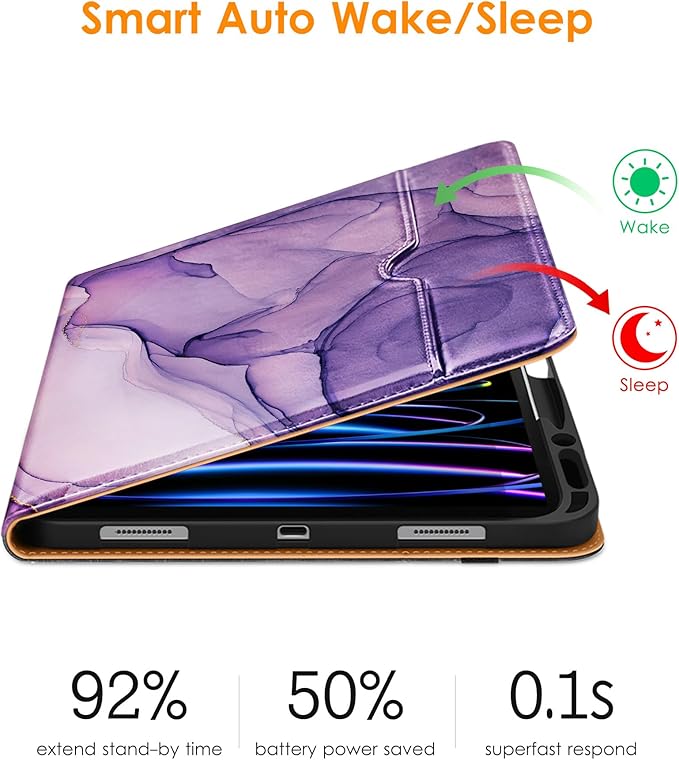 DTTO for iPad Pro 12.9 6th / 5th / 4th / 3rd Generation Case 2022/2021/2020/2018, Leather Folio Stand Cover with Built-in Apple Pencil Holder -Auto Wake/Sleep and Multi Viewing Angles, Purple Marble