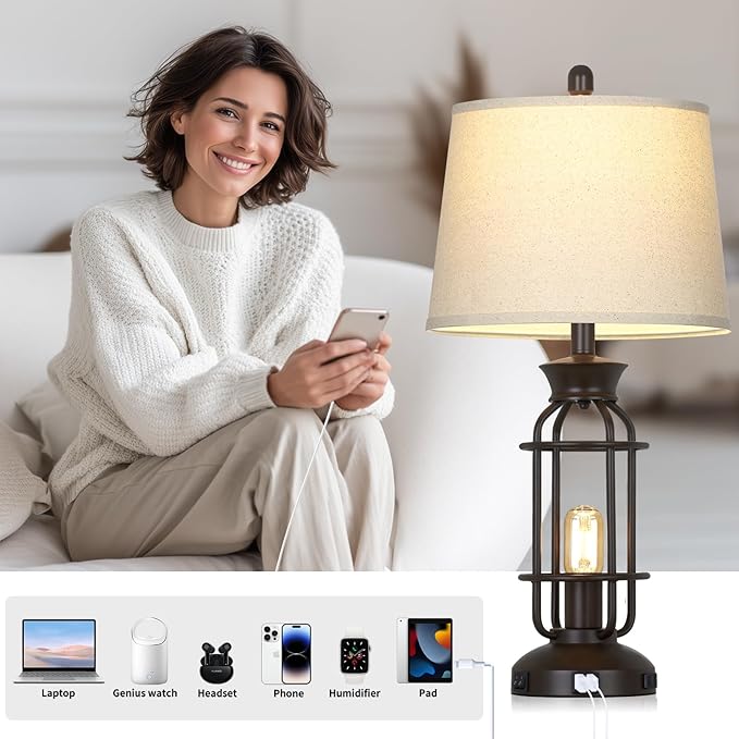 28" Tall Farmhouse Table lamps Set of 2, Vintage Industrial Table Lamp with USB C+A Ports & Outlet, Modern Rustic Bedside Lamp for Nightstand Living Room Bedroom Side Table Office Brown, 4 LED Bulbs