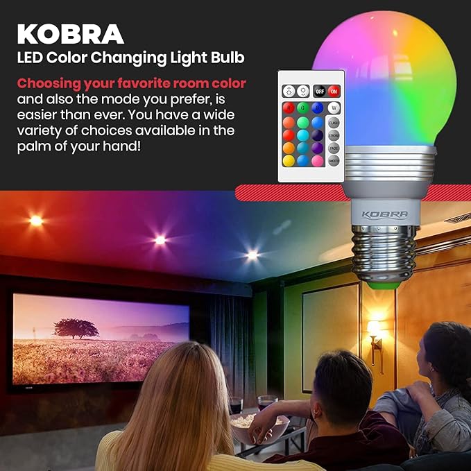 Kobra LED Color Changing Light Bulb with Remote Control (4-Pack) - 16 Different Color Choices Smooth, Fade, Flash or Strobe Mode - Smart Remote Lightbulb - RGB & Multi Colored