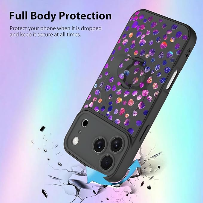 KANGHAR Compatible with iPhone 17 Pro Case, Support for MagSafe, Silicone Cute Iridescent Pattern Leopard Print Cheetah, Wristband Kickstand Shockproof Soft Slim Cover for Girls Women, Black