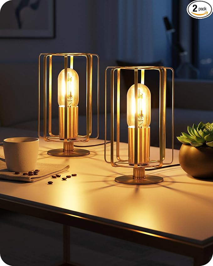 Industrial Table Lamp Set of 2, Small Brass Desk Lamp with Dimmable 2400K Warm Light LED Bulb, Vintage Desk Lamp, Nightstand Lamp for Bedroom, Study, Office, Small Space, Gold D05TLP205