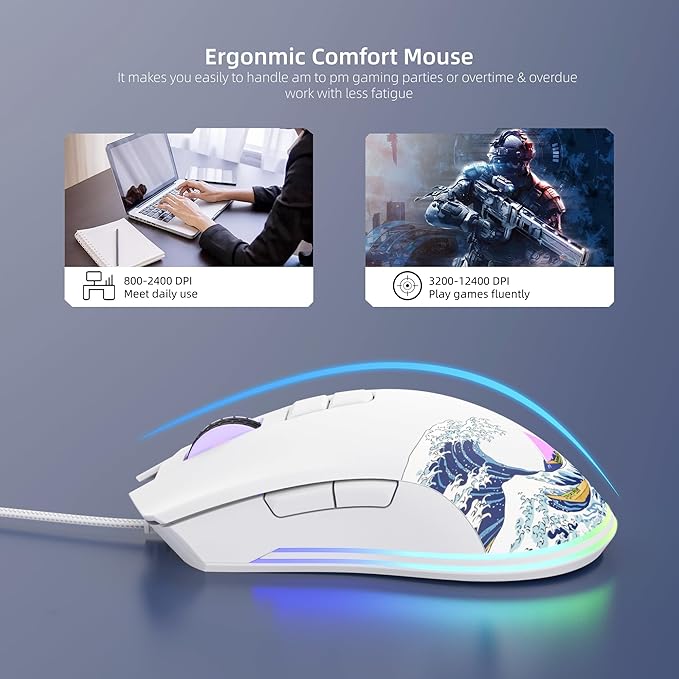 Womier Wired Gaming Mouse, 12400 DPI RGB Mouse with RGB Backlit Modes & 7 Macro Buttons, PC Gaming Mice Support DIY Keybinding, Gamer Computer Mice for Laptop PC Mac Windows(G705 Kanagawa)