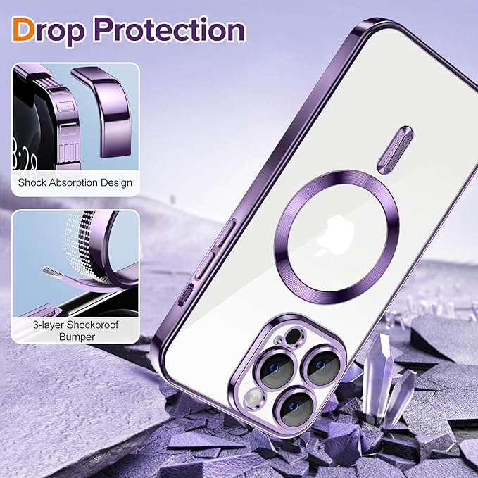 Hython Magnetic Clear for iPhone 12 Pro Case with Camera Lens Protector [Compatible with MagSafe] Luxury Plating Edge Slim Soft TPU Cover Protective Phone Case for iPhone 12 Pro 6.1", Deep Purple