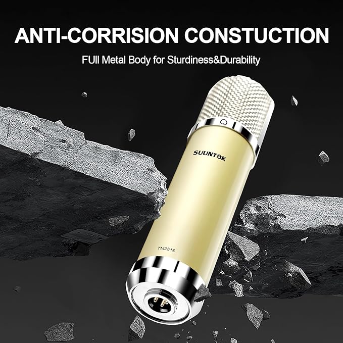 SUUNTOK FET Condenser Microphone Professional XLR Studio Microphone with 34mm Large Diaphragm, Cardioid Recording Mic Computer Gaming PC TM251S Mic Kit for Singing, Podcasting, YouTube (Yellow)