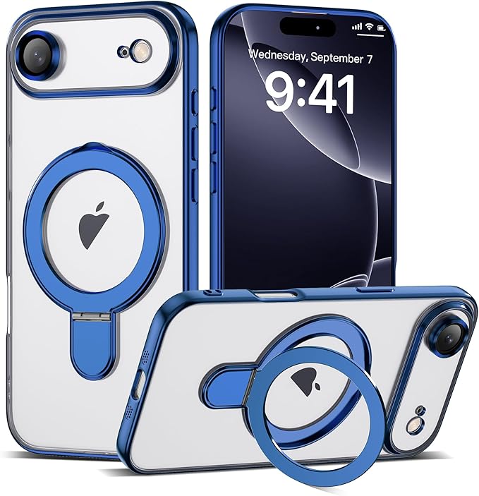 Compatible with iPhone 17 Air Case with Invisible Magnetic Ring Stand [Compatible with Mag-Safe] [Full Camera Lens Protector] Plating Clear Phone Case for iPhone 17 Air 6.5", Blue