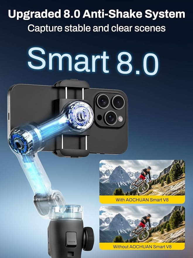 AOCHUAN Gimbal Stabilizer for iPhone w/Bluetooth Remote, 3-axis Phone Stabilizer w/7.8” Extension Rod, AI Face Tracking Smartphone Gimbal, Gesture Control for Video Shooting - Smart V8 Kit Black