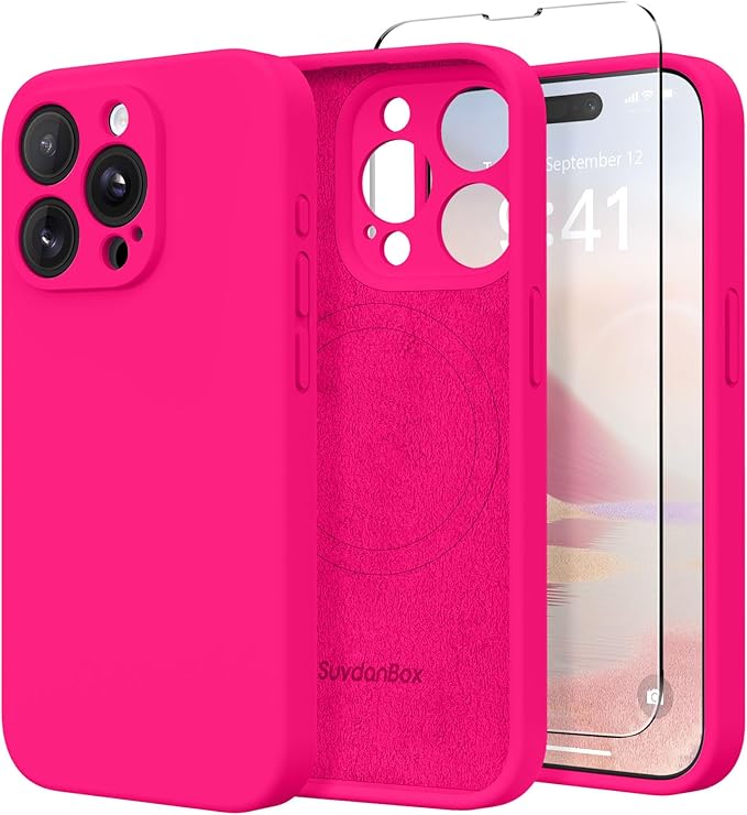 Magnetic for iPhone 14 Pro Max Case, Compatible with MagSafe, [Full Camera Protection][Screen Protector] Silicone Shockproof Protective Phone Case for iPhone 14 Pro Max 6.7", Hot Pink