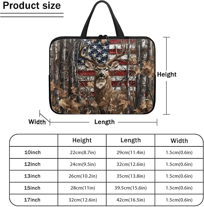 American Flag Deer Forest 12 Inch Laptop Sleeve for Men Women Portable Computer Bag with Handle Tablet Cover Laptop Tote Bag Carrying Case Handbag for Office Travel Business School