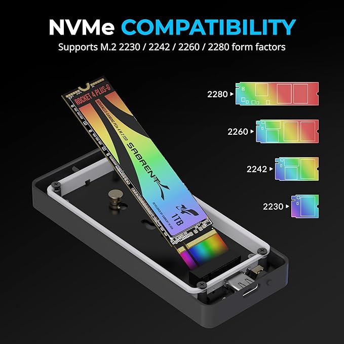SABRENT Rocket RGB NVMe & SATA M.2 SSD Enclosure – USB C 20Gbps Tool-Free Case, USB 3.2 Gen 2x2, Trim, UASP, RGB LED, Compatible with 2230/2242/2260/2280 Drives – Aluminum, Plug & Play (EC-RGBG)