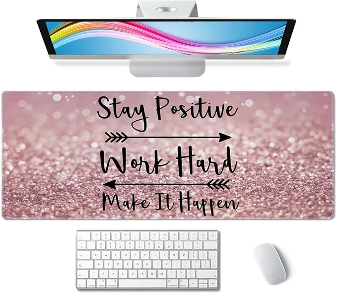 Inspirational Quotes Gaming Mouse Pad, Large Mouse Pads for Desk, Non-Slip Rubber Base Mousepad, Desk Pad with Stitched Edges, 31.5x11.8inch, Stay Positive Work Hard and Make It Happen