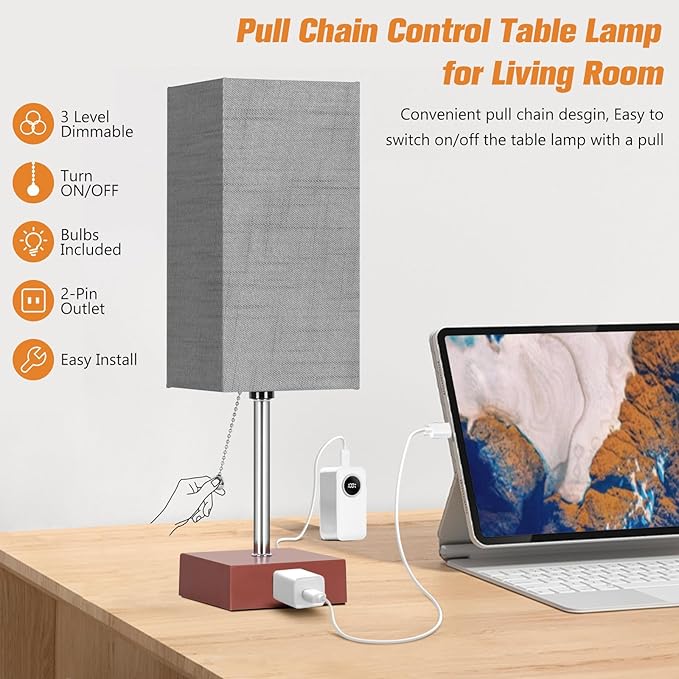 PLMMY Bedside Table Lamp for Bedroom Nightstand, 3 Color Pull Chain Nightstand Lamps Set of 2 with AC Outlets, Square Gray Lampshade Bedside Lamp for Living Room, Office Desk, LED Bulb Included