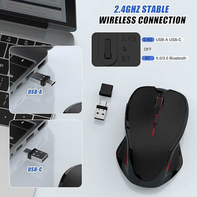 Wireless Bluetooth Mouse for Mac Pro MacBook Air, Rechargeable Mice with Jiggler Mouse, 3 Mode Switch Bluetooth 5.2/3.0 & 2.4G USB-A/USB-C Receiver, Optical Silent Mouse for iPad PC Laptop, Black