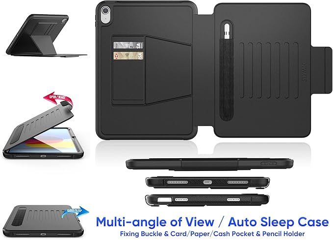 SEYMAC stock Case for iPad (A16) 11th/10th Generation 11''/10.9'', Strong Magnetic Auto Sleep Shockproof Case with Absorbing Multi-Angles Stand, Pen Holder, Card Slot, Black