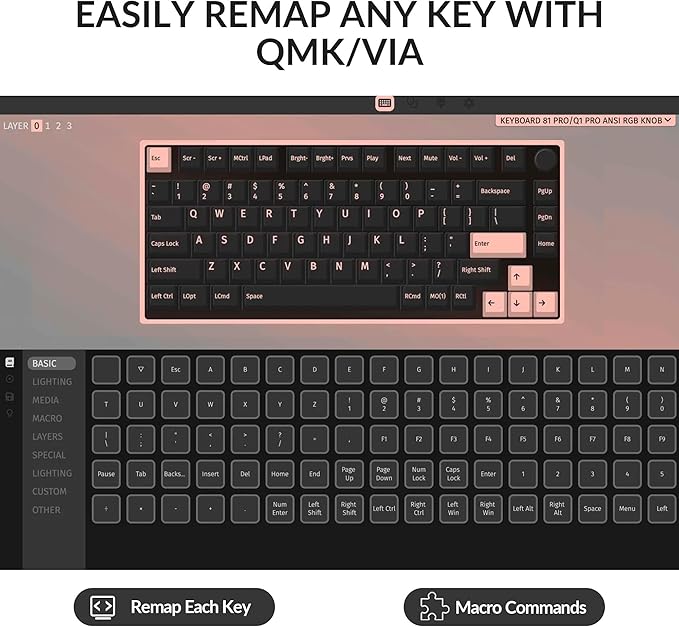 Keyboard 81 Pro Wireless 75% Mechanical Keyboard – Full Aluminum Body, QMK/VIA Programmable, Hot-Swappable Tactile Switches, Knob, RGB Backlight, Bluetooth & USB-C Wired, Mac/Windows/Linux Compatible