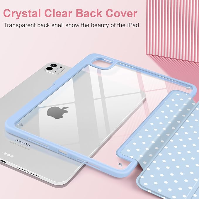Case for iPad Pro 11 Inch (M5 2025 M4 2024) – [Built-in Pencil Holder], Shockproof & Stylish, Clear Hard Back + Soft TPU Edge, Magnetic Trifold Stand, Auto Wake/Sleep, Blue White dot