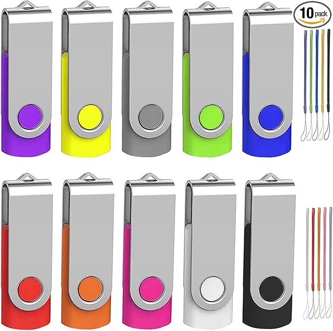 64GB Flash Drive 10 Pack, Wooolken USB 2.0 Thumb Drive Bulk Pen Drive Metal Swivel Memory Stick 64GB 10 Colors Multipack Value Zip USB Drives with Lanyard
