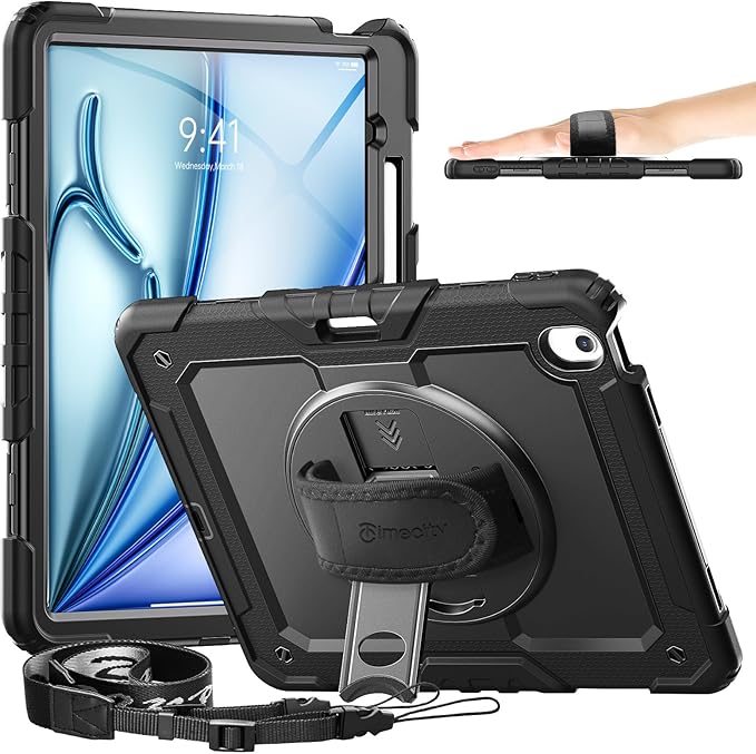 timecity for iPad Air 13 Inch Case M4 2026/ M3 2025/ M2 2024, 360° Rotating Stand, Pencil Holder & Wireless Charging, Shockproof with Screen Protector & Shoulder Strap - for Designers, Black