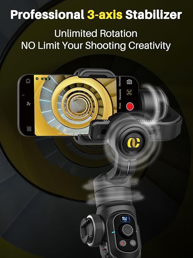 Professional Gimbal Stabilizer for Smartphone,Built-in 18CM Extension Rod and Powerful Fill Light,360°Inception,Face&Object Tracking Stabilizer,3-Axis Gimbal for iPhone& Android
