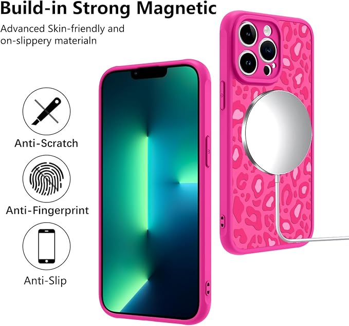 KANGHAR Case for iPhone 13 Pro Max Hot Pink Leopard Printed Pattern Cute Cheetah [Compatible with Magsafe] Protective Magnetic Case for Girls Women 6.7"