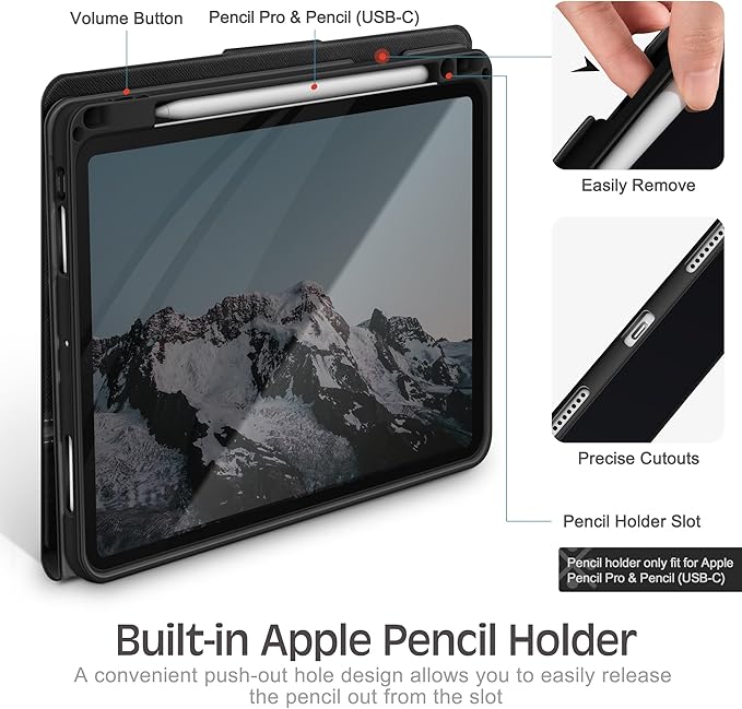 KingBlanc Case for iPad Pro 11-inch (M5 2025, M4 2024) with Pencil Holder, PU Leather Durable Protective Cover, Auto Sleep/Wake, Support Pencil Pro/Pencil (USB-C), Viewing/Typing Angles, Black