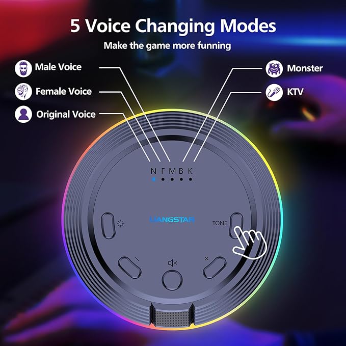 LIANGSTAR Gaming USB Microphone with 5 Voice Changes, Mute Button, Desktop Podcast Mic, Volume Control, RGB Condenser Computer Microphone for PC Gamer, YouTube, Streaming, Conference, Class