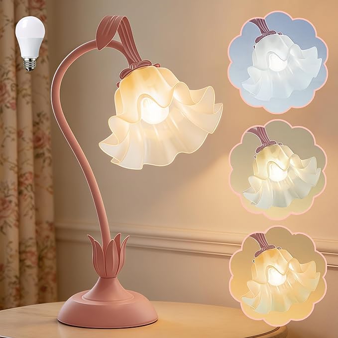 Mothers Day Gifts, Flower Table Lamp, LED Reading Light Vintage Bedside Lamps, 3 Color Modes Kawaii Nightstand Lamp, Flower Table Lamps for Bedroom Living Room Home Decoration(Pink lamp)