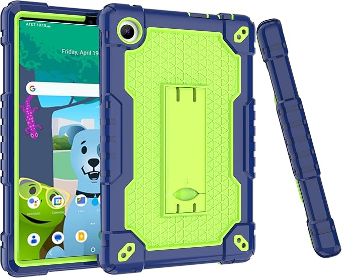 Case for for AT&T Amigo Jr. Tab 8 inch Tablet 9136K - with 2PCS Screen Protector,[Built-in Kickstand] Anti Slip Kids Friendly Shockproof Silicone Protective Cover (Navy/Green+2 PCS Glass)