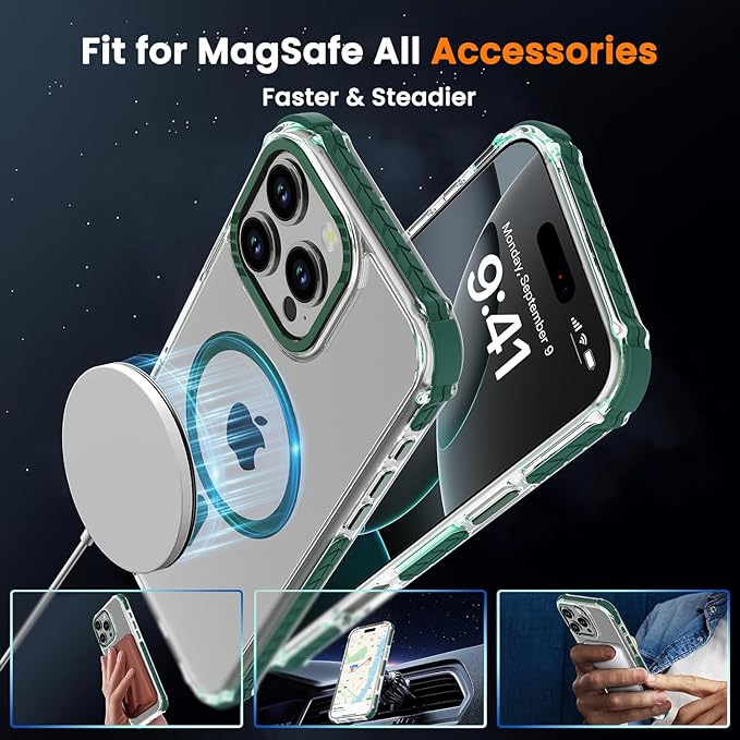 DEERLAMN Strong Magnetic Case for iPhone 16 Pro Max 6.9-Inch,[Compatible with Magsafe][Military Grade Drop Protection] Clear Slim Shockproof Protective Phone Cover-Transparent+Green