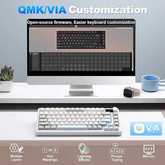 YUNZII B75 PRO MAX QMK/VIA Wireless Mechanical Keyboard,75% Layout with Screen and Knob,Custom Hot Swap Gasket,Creamy Pre-lubed Switches,Bluetooth/Type-C/2.4G for Win/Mac (Beige,Candy Switch)