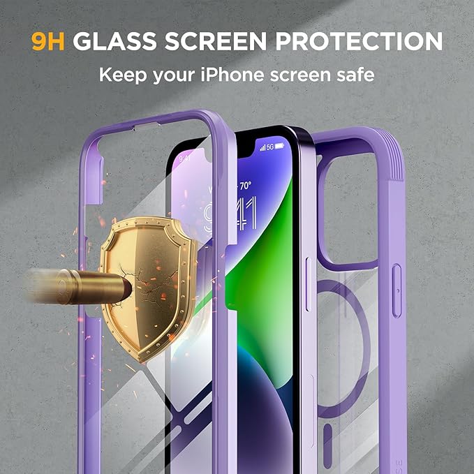 Miracase Glass Series Designed for iPhone 14 Plus Case 6.7 inch, 2023 Upgrade Full-Body Magnetic Clear Case with Built-in 9H Tempered Glass Screen Protector,Compatible with MagSafe,Purple