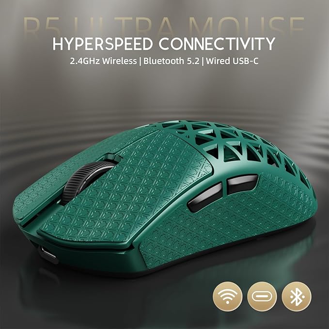 R5Ultra 8K Carbon Fiber Wireless Gaming Mouse with 42000 DPI -PAW3950 MAX Sensor -39g Ultra-Lightweight-Nordic 52840 MCU Chip-Wired/BT/2.4GHz Wirelss Programmable Mouse Tape for PC/Mac (Green)