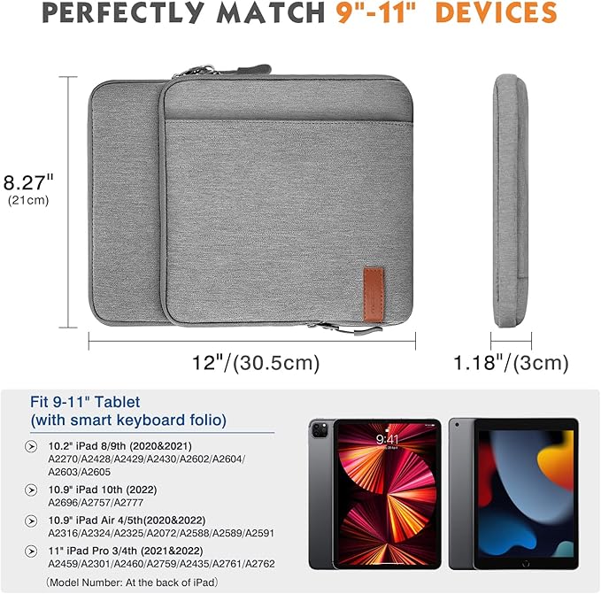 MoKo 9-11 Inch Tablet Sleeve Bag Carrying Case with Storage Pockets Fits New 11-inch iPad Air M4 2026/iPad Pro M5, iPad Pro/A16 11, iPad Air 5/4th 10.9, iPad 9/8th 10.2, Tab S8/S9 11, Light Gray
