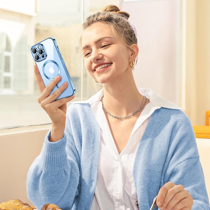 Hython Magnetic Clear for iPhone 13 Pro Max Case with Camera Lens Protector [Compatible with MagSafe] Plating Edge Slim Soft TPU Cover Protective Phone Case for iPhone 13 Pro Max 6.7", Light Blue