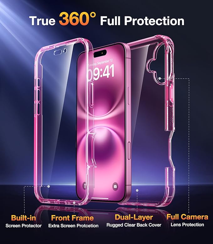 Diaclara Designed for iPhone 16 Plus Case, Full Body Rugged Case with Built-in Touch Sensitive Anti-Scratch Screen Protector, Upgraded [Full Camera Protection] for iPhone 16 Plus 6.7",Clear Pink