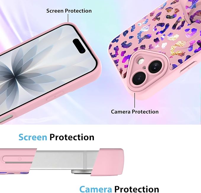 KANGHAR Compatible with iPhone 16 Case, Support for MagSafe, Silicone Cute Iridescent Leopard Cheetah Pattern, Wristband Kickstand Shockproof Protective Slim Cover for Women Girls, Pink