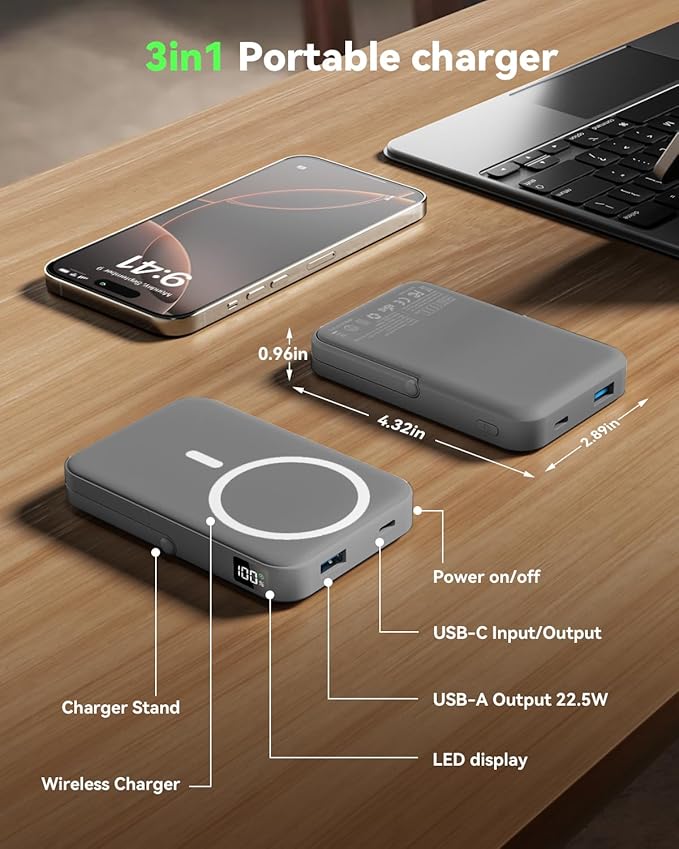 Magnetic Power Bank 10000mAh with for MagSafe Charging,PD 22.5W Fast Charge,Foldable Stand,Dual USB Output,LED Display (Space Gray)