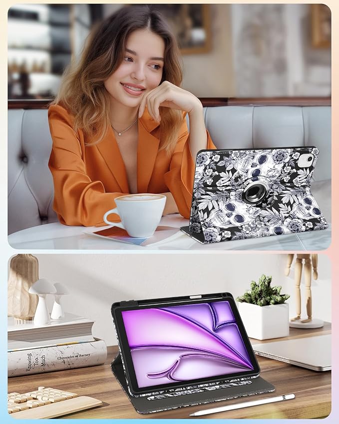 Kidcube for iPad Air 13 Inch Case (M3/M2)/for iPad Pro 12.9 Cases 6th/5th (2022/2021) - Women Girls Cute Rotating Stand Folio Cover with Pencil Holder & Card Slot Design Flowers Goth Skull Cover