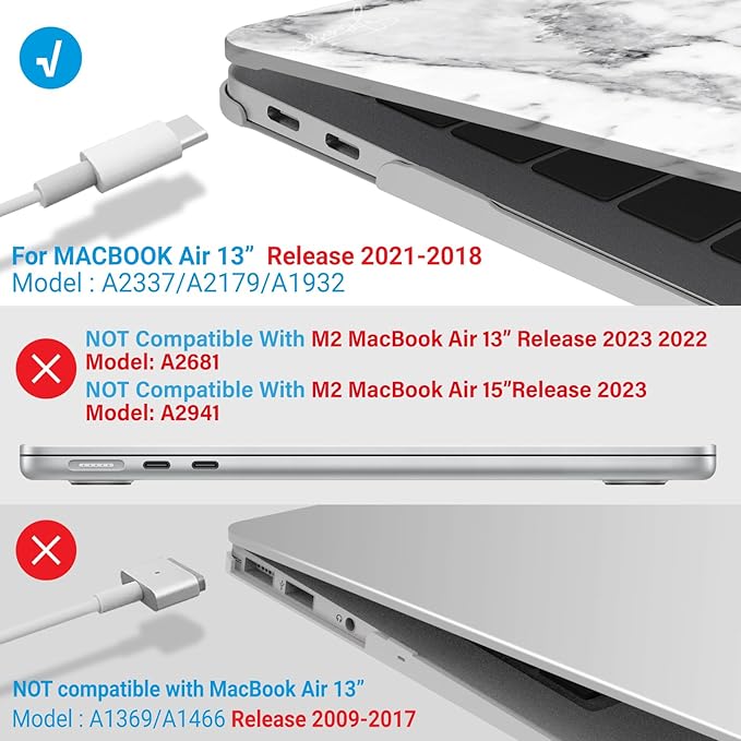 IBENZER Compatible with New MacBook Air 13 inch Case 2022 2021 2020 M1 A2337 A2179 A1932, Plastic Hard Shell Case with Keyboard Cover for Mac Retina Display with Touch ID, White Marble, MAT13-WHMB+1