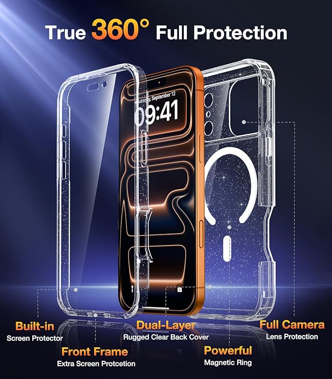 Diaclara Magnetic Designed for iPhone 17 Pro Max Case Full Body Bumper,[Compatible with MagSafe] Military Drop Proof Cover with Built-in Touch Sensitive Anti-Scratch Screen Protector, Clear Glitter