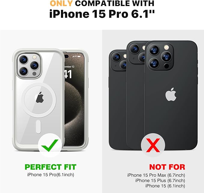 Diaclara Magnetic for iPhone 15 Pro Case, [Military-Grade Drop Proof & Fit for MagSafe] Built-in Shockproof Screen Protector, [Camera Lens Protector] Phone Cover for iPhone 15 Pro 6.1"(White)