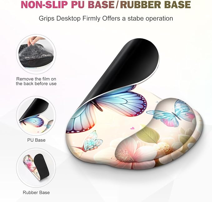 Gaming Mouse Pad, Large Desk Mat, Cute Desk Pad Protector, 4in1 XXL Mousepad + Keyboard Wrist Rest+Mouse Wrist Rest+Coaster Set with Ergonomic Desk Pad for Home Office PC Computer, Butterflies Flowers