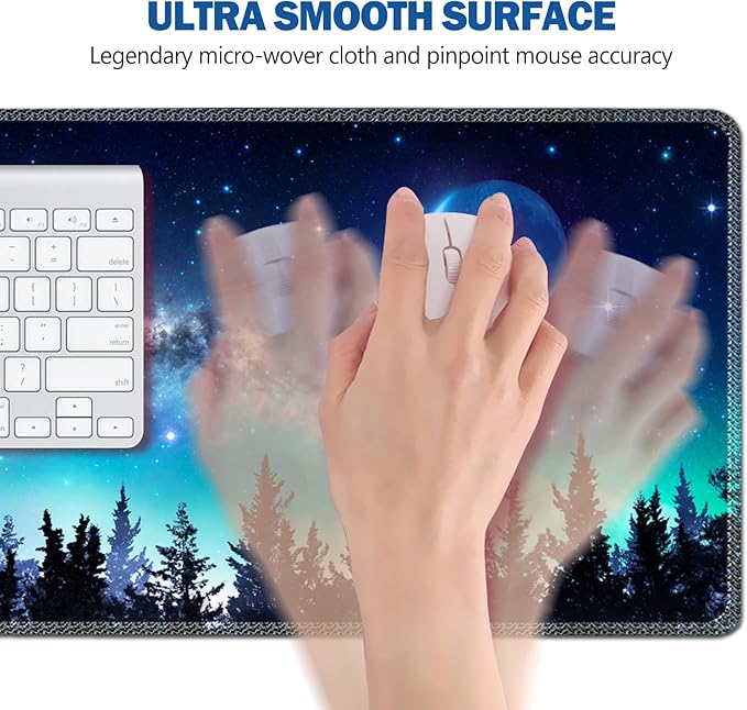AIMSA Large Gaming Mouse Pad Extended Mouse Pad with Stitched Edge, Keyboard Mouse Mat Non-Slip Rubber Base Desk Pad 31.5x11.8 inch for Office Home Game Work, Forest Moon Sky