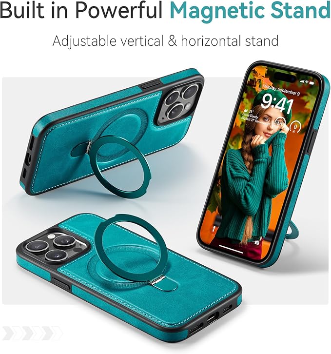 Compatible with iPhone 15 Pro Case with Stand, Compatible with MagSafe, Slim PU Leather & Durable TPU Protective Cover Drop-Proof with Tempered Glass Screen Protector 6.1", Green