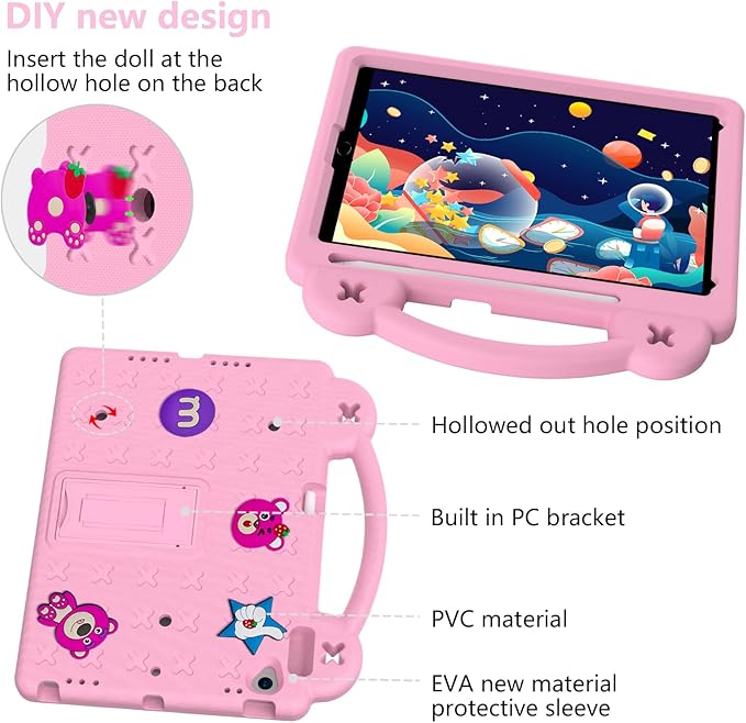 Dteck for iPad 9th/8th/7th Generation 10.2" Kids Case,Strawberry Panda Shockproof Rugged Lightweight Convertible Handles Stand Kids Friendly Case with Pencil Holder for iPad 10.2" 2021/2020/2019,Pink