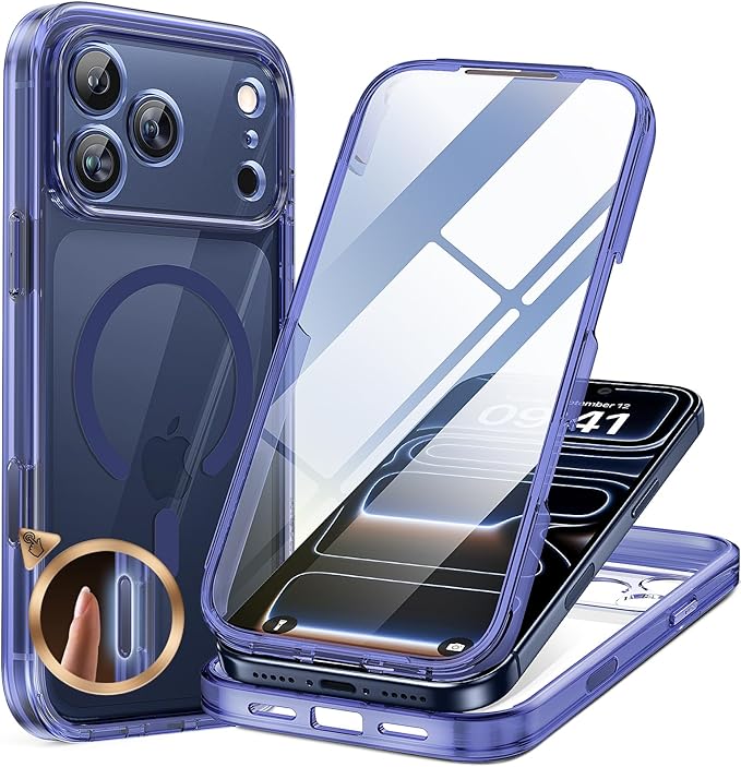 Miracase Magnetic for iPhone 17 Pro Case 6.3" [Compatible with MagSafe] Full-Body Phone Case with Built-in Glass Screen Protector & Camera Control,Drop Proof iPhone 17 Pro Cover, Clear Blue