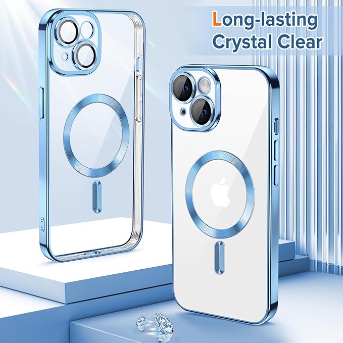 Hython Magnetic Clear for iPhone 15 Plus Case with Camera Lens Protector [Compatible with MagSafe] Luxury Plating Edge Slim Soft TPU Cover Protective Phone Case for iPhone 15 Plus 6.7", Light Blue