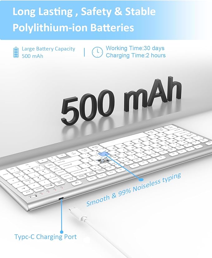 FENIFOX Wireless Keyboard, Bluetooth & 2.4G USB & USB-C Rechargeable Silent Ultra Quiet Low Profile Compact Full Size with Number Pad Soft Multi Device for Mac MacBook Windows PC - White & Silver