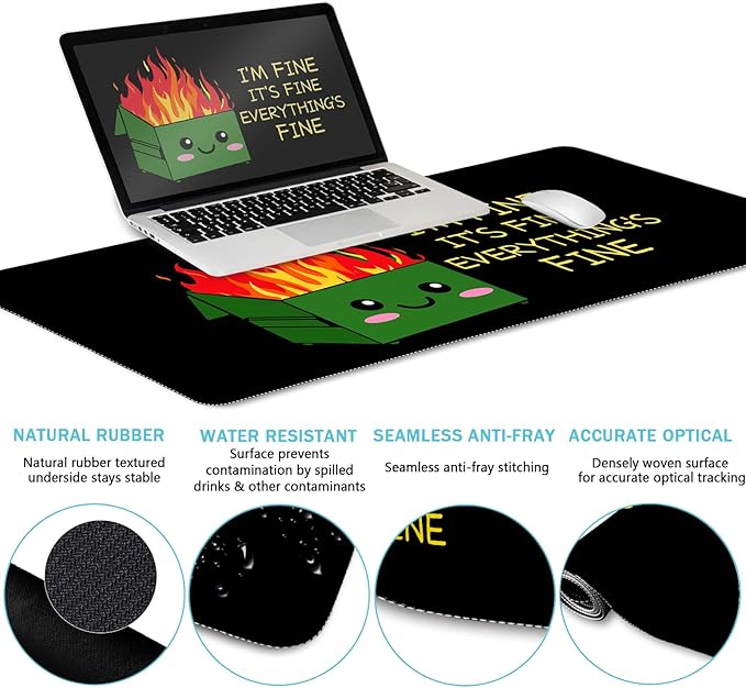 Blusabaca Dumpster on Fire Mouse Pad Desk Pad, Funny Cute Desk Mat Large Gaming Mouse Pad with Wrist Rest, Keyboard Pad Wrist Rest Ergonomic, Cup Coaster, Work Home Desk Accessories Office Supplies