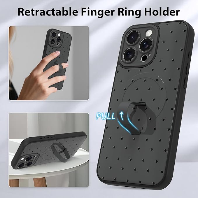 KANGHAR Compatible with iPhone 16 Pro Max Case, Support for MagSafe, Silicone Spot Cute Pattern, Wristband Kickstand Camera Protection Shockproof Soft Slim Cover for Girls Women, Black