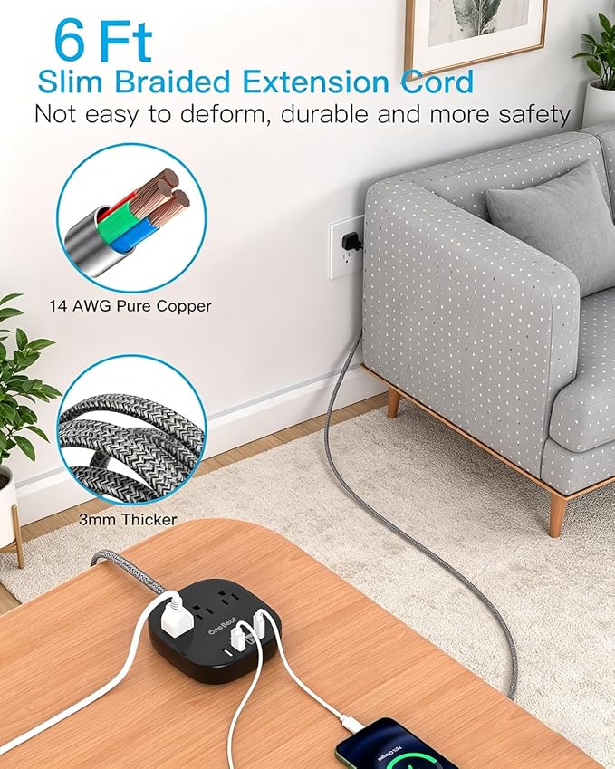 Cruise Ship Travel Essentials, 22.5W/4.5A Flat Plug Power Strip, 6Ft Extension Cord, 3 Outlets 4 USB Ports (2 USB C) Cruise Approved Power Strip No Surge Protection, Desktop Charging Station, Black
